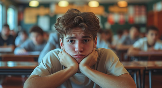 Ein junger Mann sitzt in einem Klassenzimmer und schaut traurig in die Kamera.