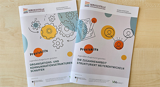 Cover der Praxishilfe "Organisations- und Kommunikationsstrukturen schaffen" und der Praxishilfe "Die Zusammenarbeit strukturiert weiterentwickeln"